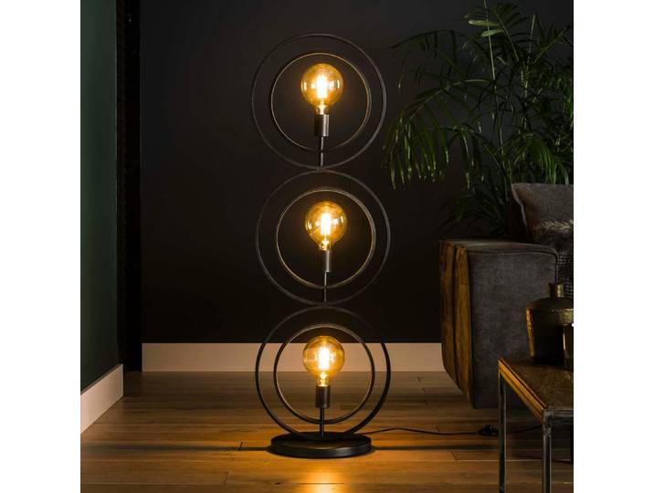 Lampadaire industriel 3 lampes anneaux en métal gris h124cm