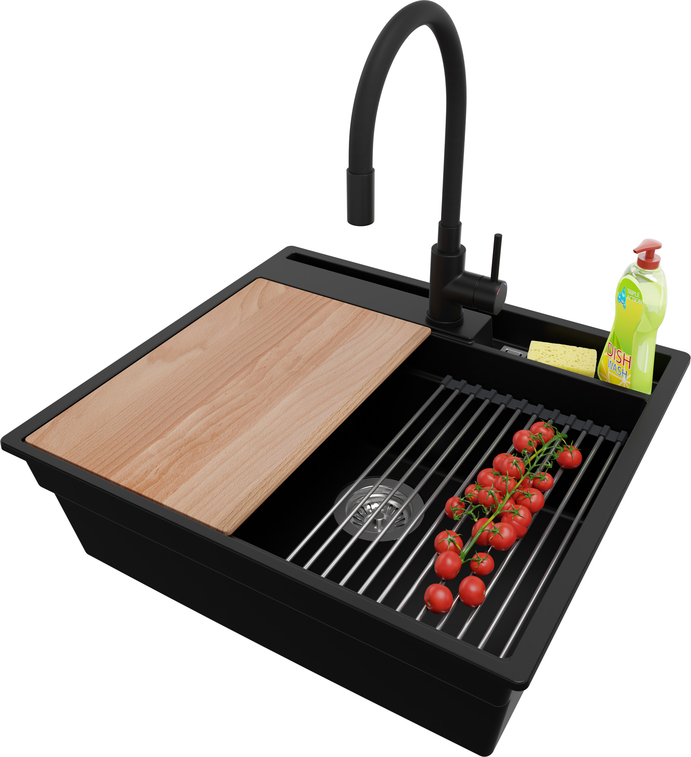 PRIMAGRAN Granitspüle Schwarz 58x53cm, Spülbecken 1 Becken + Ablauf-Set + Küchenzubehörset, Küchenspüle ab 60er Unterschrank - Oslo Pocket