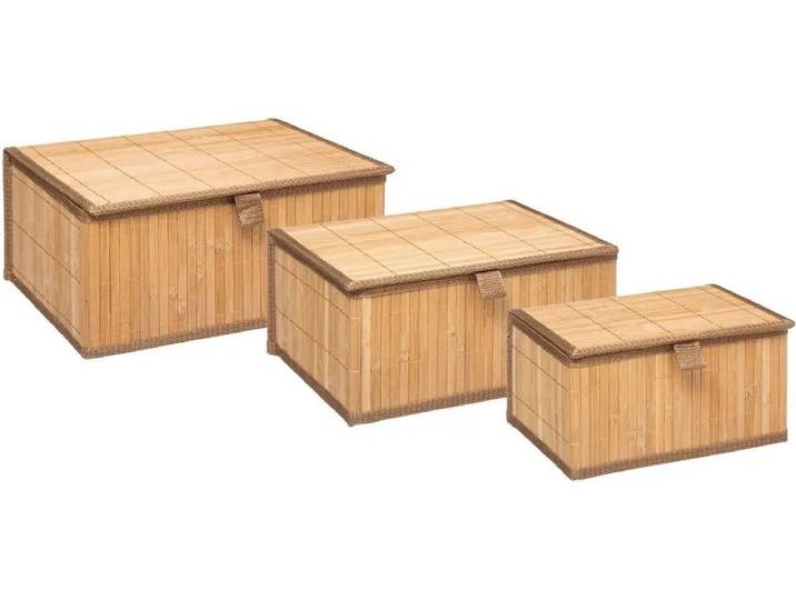5Five Set van 3x bamboe opbergdozen - met deksel - rechthoek - bruin - Kast-/badkamer mandjes - verschillende formaten