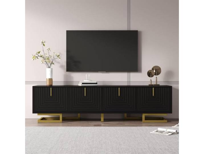 Fiednoy TV Lowboard 160cm mit 4 Strukturierten Türen, Schwarz Stilvolle TV Schrank, Fernsehschrank mit Goldene Griffe und Goldene Beine, TV-Board für Wohnzimmer, 60kg