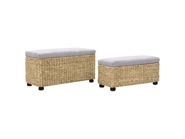 HBBMGYD Sitzbank-Set, 2 Stück, Wasserhyazinthe, Grau Integrierte Aufbewahrung, bequeme Kissen, Holzbeine, 110 kg pro Sitz, einfache Montage