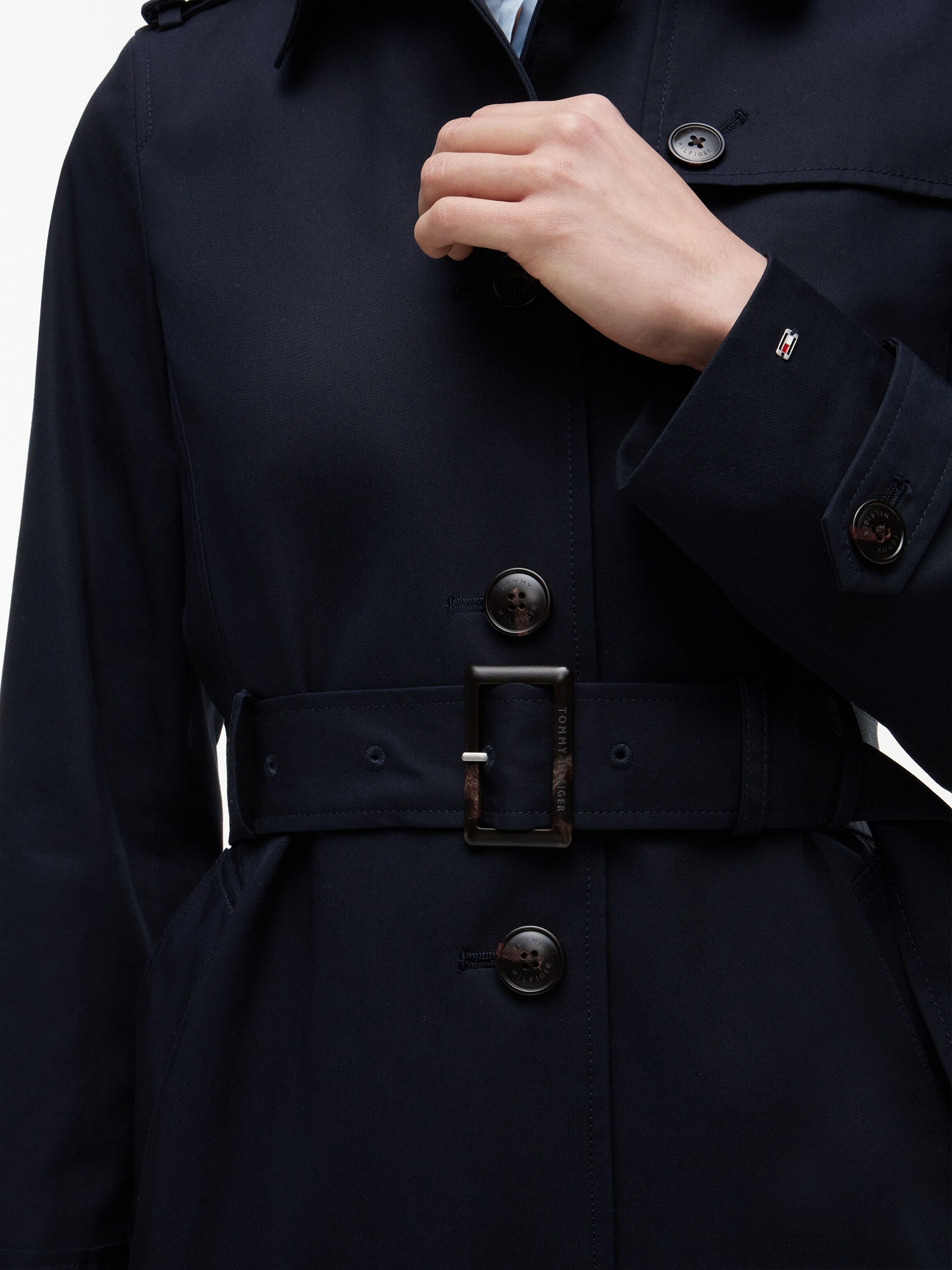 Langjacke TOMMY HILFIGER "HERITAGE SINGLE BREASTED TRENCH", Damen, Gr. M (38), blau (midnight), Web, Obermaterial: 100% Baumwolle, unifarben, tailliert Po-bedeckend, 2-Naht-Ärmel gerader Abschluss, Jacken Langjacke, mit den typischen Trenchcoat-Details mi