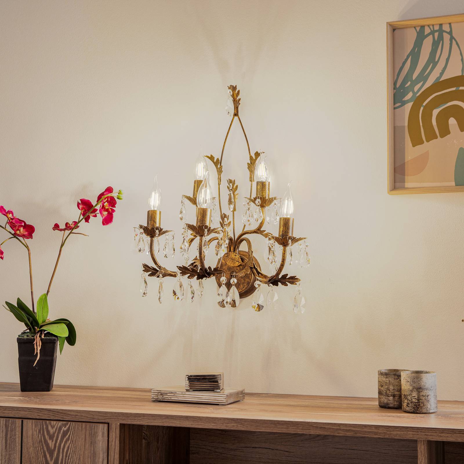Kristall Wandlampe Teresa ONLI, dimmbar, bronze / altmessing, für Wohn- / Esszimmer, Metall, Antik, Wandleuchte, Wandlampe Innen