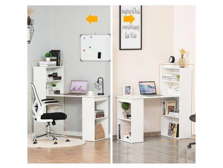 Bureau Informatique Blanc avec Étagères 6 Niveaux Bureau d'Angle Rangement pour Ordinateur Travail Maison Étudiant