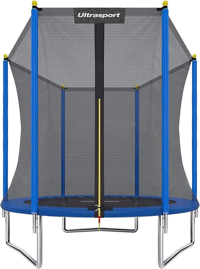 Stabiler, standfester Trampolin mit Sicherheitsnetz, Randpolsterung und 8 gepolsterten Netzstangen^Reine Sprungfläche Ø 200 cm, belastbar bis 120 kg^Ringrahmen aus verzinktem Stahlrohr^Gesamthöhe 214 cm, Einstiegshöhe 60 cm, Platzbedarf Ø 250 cm^48 verzinkte und 140 mm lange Sprungfedern
