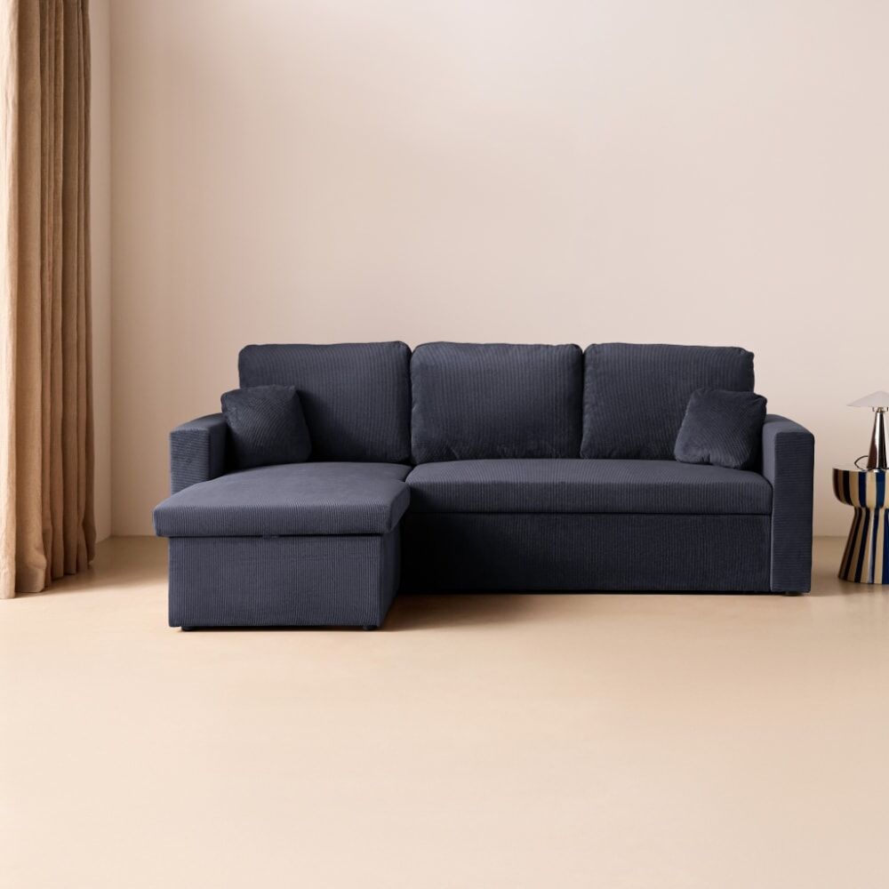sweeek Canapé d'angle convertible velours côtelé bleu Bleu 220x83x146cm