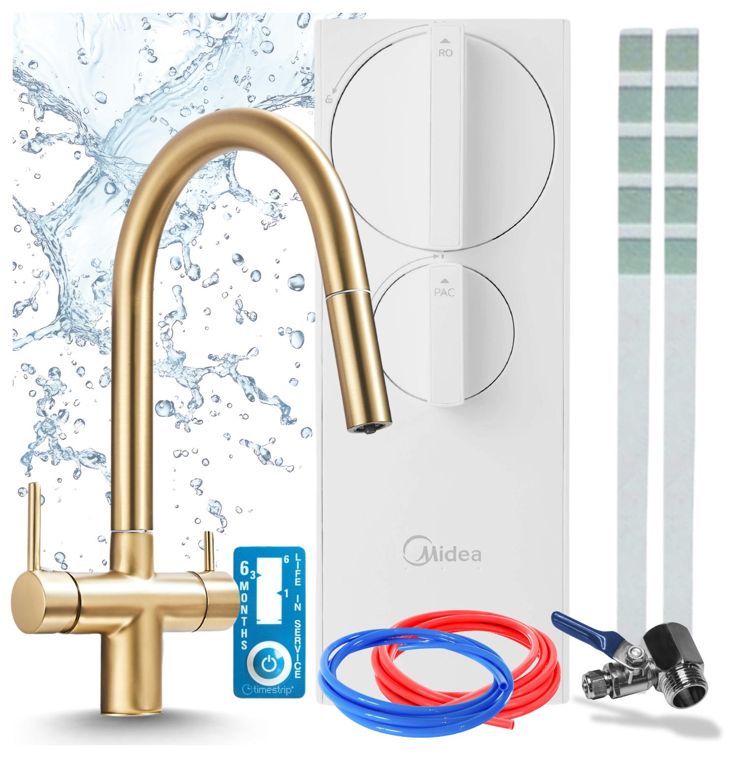 Küchenarmatur Mit Wasserfiltersystem Ari Slender Ro5 Umkehrosmoseanlage 400 Gpd Zweigriffarmatur Messing Perlator Keramikkartusche Gebürstetes Gold