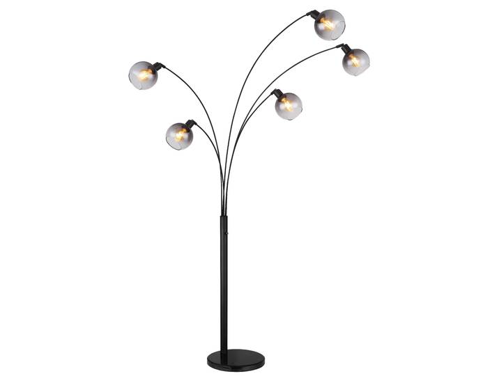 Globo Lighting Stehleuchte Metall schwarz matt, Marmor schwarz, Glas rauchfarben, Kabel PVC schwarz, Drehschalter, LxBxH: 980x1100x2080mm, Kabellänge 1800mm, exkl. 5x E27 40W 230V