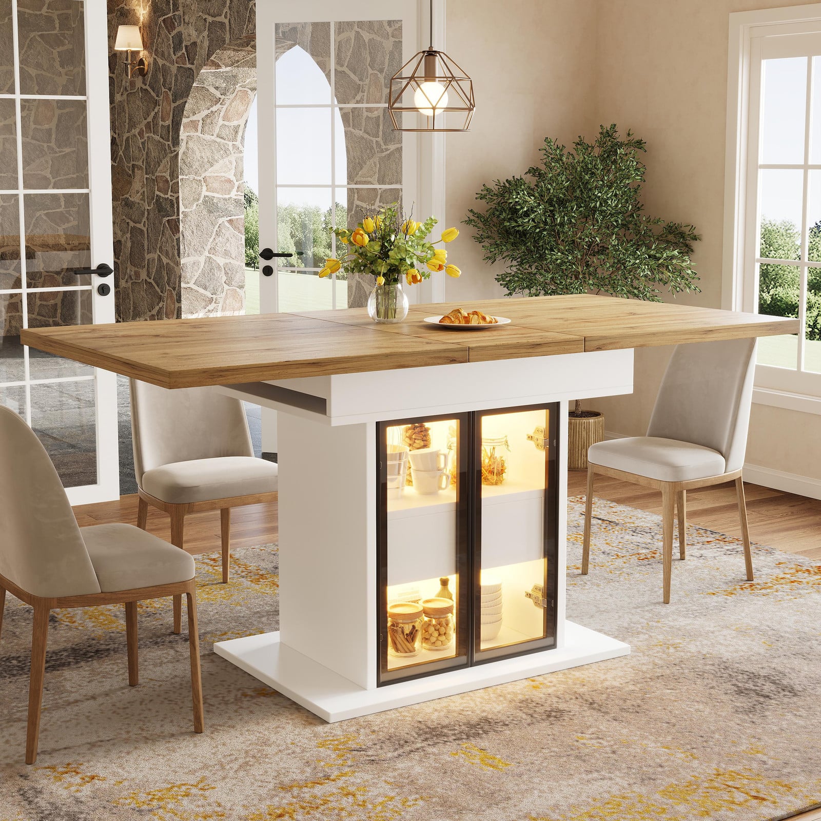 STILVORA uitschuifbare eettafel met RGB-LED-verlichting en opbergruimte, wit