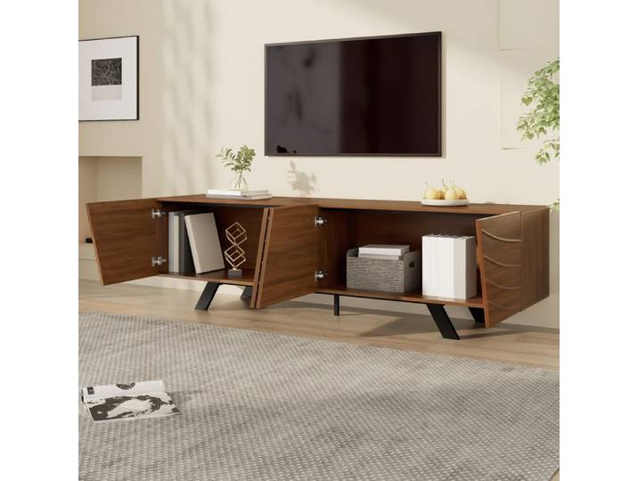 Meuble TV effet noyer avec façade ondulée meuble TV 160 cm à rangement