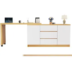 Schreibtisch 120x50x76 drehbar Tischplatte mit Rollen feststellbar Stauraum 2 Türen 3 Schubladen Weiß-Eiche