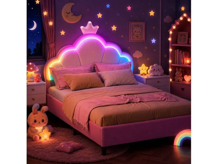 Simurq Kinderbett Mädchenbett 140x190 cm mit LED Verstellbares-Kopfteil in Kronenform (Einzelartikel, Jugendbett Gästebett für kinder/Erwachsenen,ohne Matratze), Prinzessin Bett, Polsterbett Bettgestell mit Lattenrost,Samt