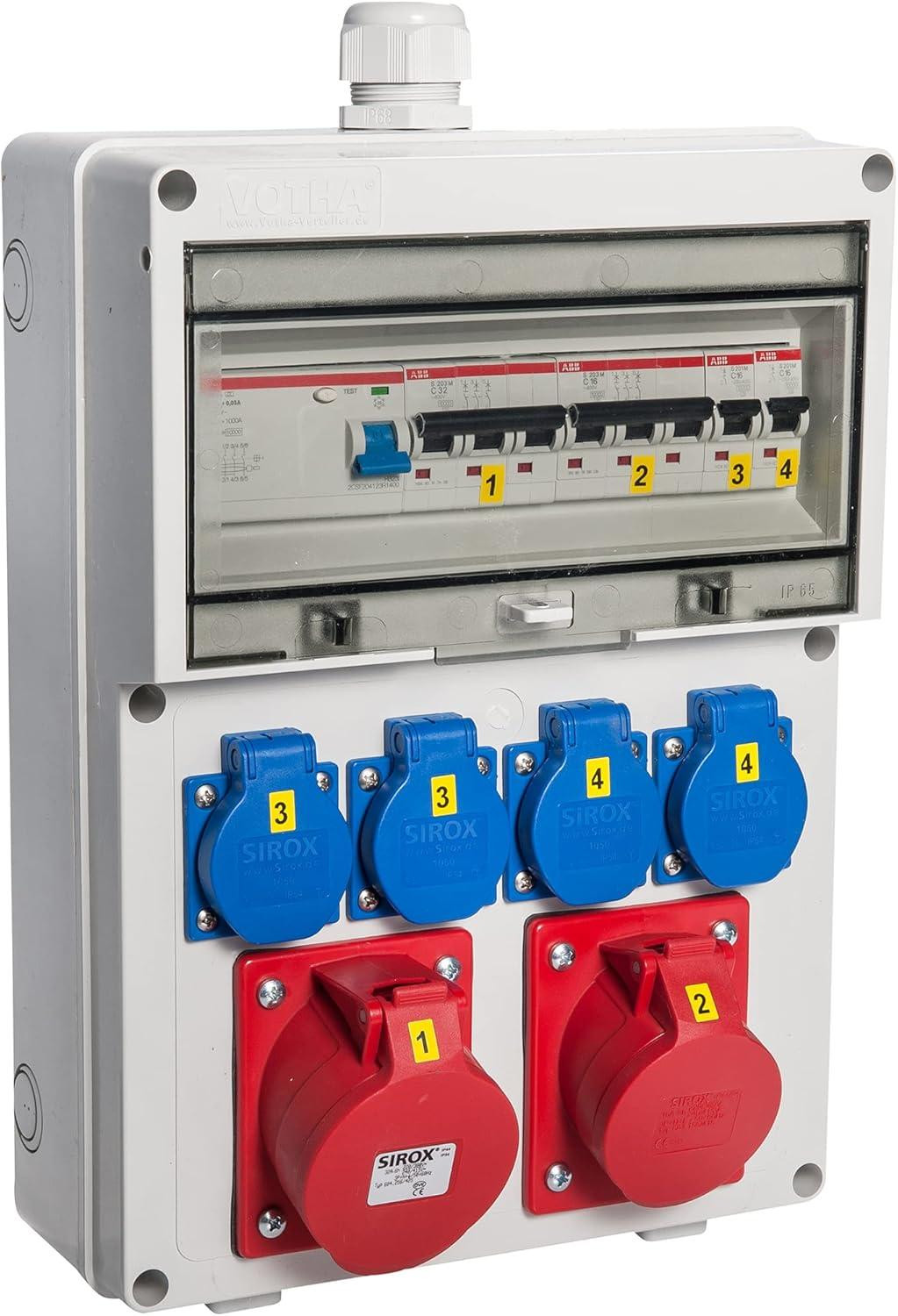 Selius Wandverdeler WÜRZBURG Bedrade stekkercombinatie voor wandmontage CEE 32 A & 16 A + 4x 230 V met FI-veiligheidsschakelaar en LS-schakelaar IP54