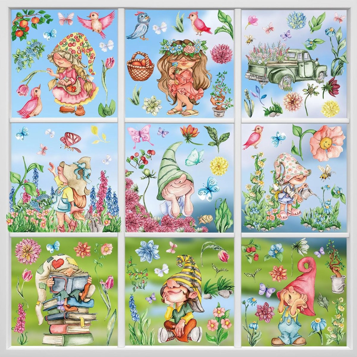9 vellen Lente-raamstickers met 100 kleurrijke en herbruikbare wanddecoraties