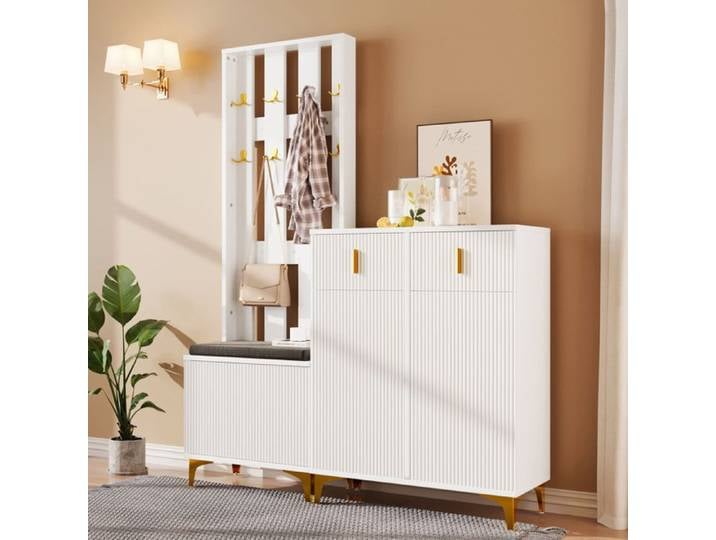 Vestiaire D Entree Blanc Banc A Chaussures FloraGrace Pour Entree 2 Tiroirs Et 2 Portes 60 5x35 2x180 5cm+83x35x101cm