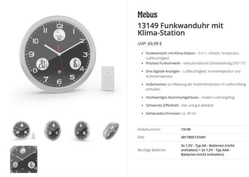 Mebus 13149 Funk Funkuhr 30cm Aluminium Leisegang-Uhrwerk