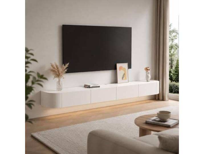 XRRJFYH TV Board Hängend Lowboard TV Schrank Holz Fernsehtisch Massives mit Schubladen, Kabelmanagement, Abgerundete Ecken, Wandmontage Wohnzimmer(White,180cm/71in)