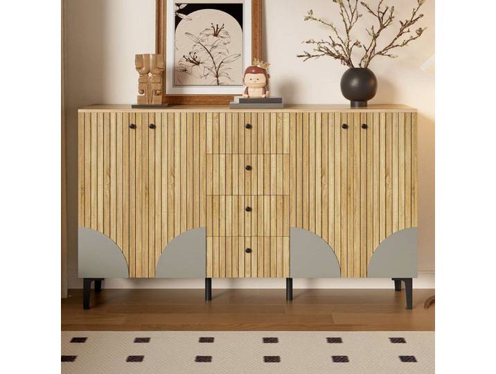 Buffet Commode Armoire de rangement en bois D'aspect lumineux armoire avec 4 portes et 4 tiroirs - rangement-160×36×94cm