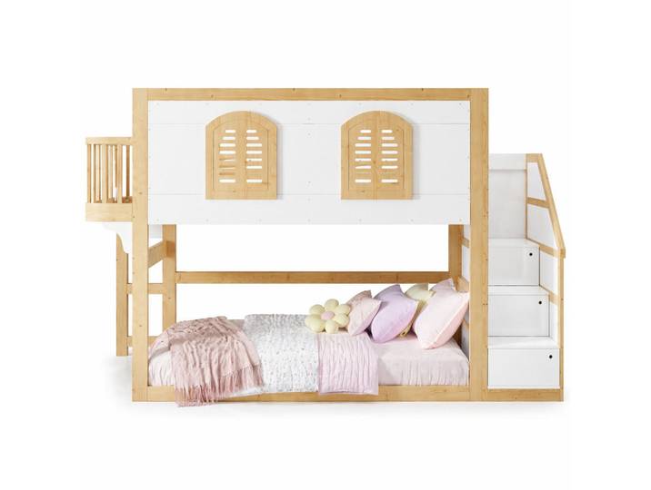 Evryae Etagenbett 90/200 mit Treppenschrank, Spielfläche und Lattenrost in Weiß und Natur, Weiß, Naturfarben, 90x200 cm, Babymöbel & Kindermöbel, Kinderzimmer & Jugendzimmer, Stockbetten