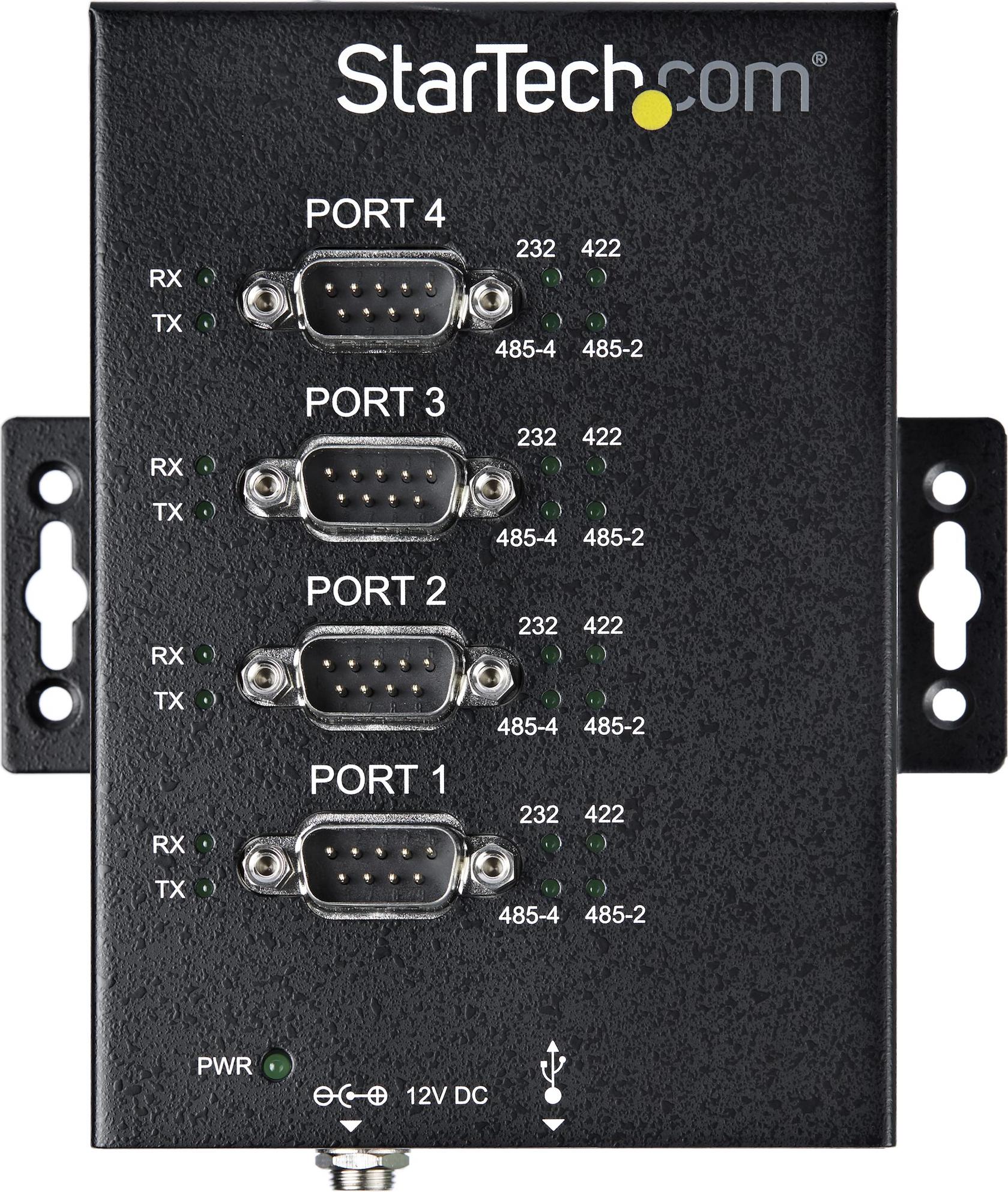StarTech.com 4 Port Serieller Hub, USB auf RS232/RS485/RS422 Adapter - Industrieller USB 2.0 auf DB9 Konverter Hub - IP30 Schutzklasse - Hutschienenmontierbar, 15kV ESD Schutz, USB 2.0 Type-B, Seriell, Schwarz, Stahl, Leistung, 12 V