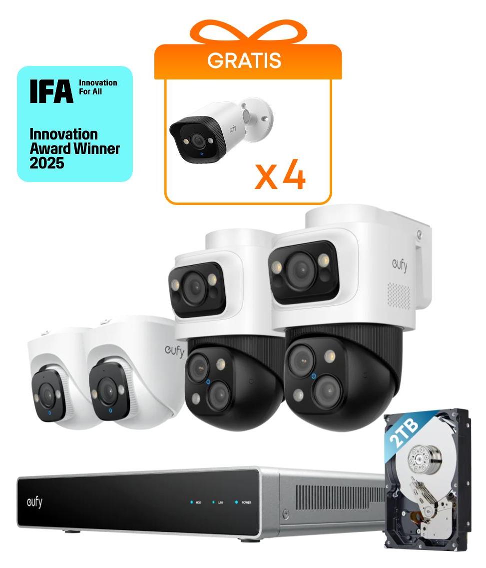 eufy PoE NVR Security System S4 mit 2× Bullet-PTZ-Kameras und 2× Turret-Kameras