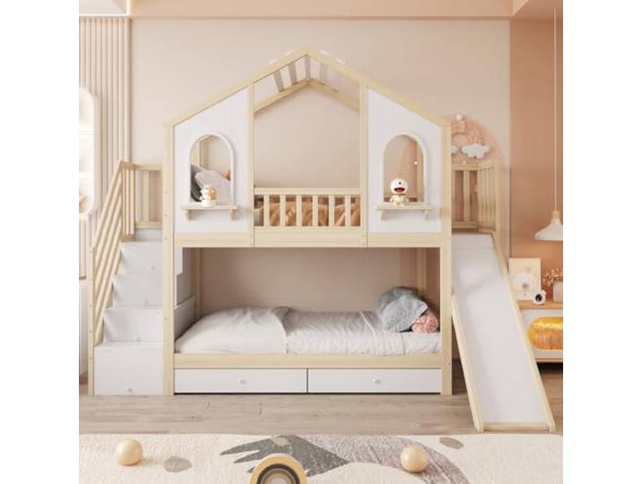 I0I&I0I Etagenbett Kinderbett, Hausdesign Mit Fenstern Mit Rutsche Und Aufbewahrungsleiter, Schubladen, Doppelbett (Natural+White + Wood + 90cm*200cm)