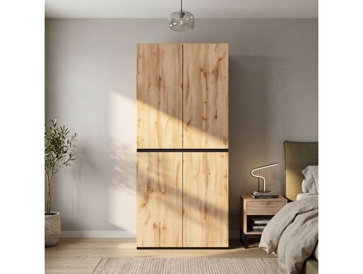 Armoire de Chambre Garde-Robe Penderie Meuble Rangement avec 4 portes 1 tringle à vêtements et 2 tiroirs 90x50x200cm chêne et blanc