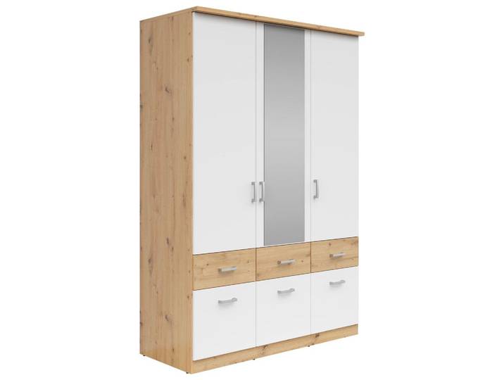 Drehtürenschrank mit Laden 136cm Brando, Weiß/Eiche Dekor