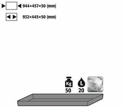 Wannenboden Standard für asecos Chemikalienschränke, Stahlblech, B 944 x T 457 x H 50 mm, 20 l, bis 50 kg