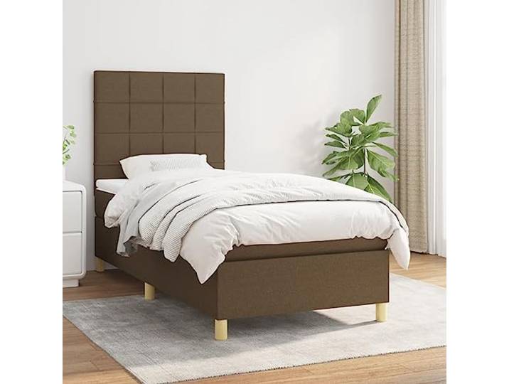 LPERTGFHU Boxspringbett, 90x190 cm Taschenfederkernmatratze, Dunkelbraun Stoffbezug, Höhenverstellbares Kopfteil, Mittelharter Härtegrad