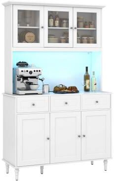 Costway 77 Inches Kitchen Pantry Storage Cabinet with LED Lights and Power Outlets-White