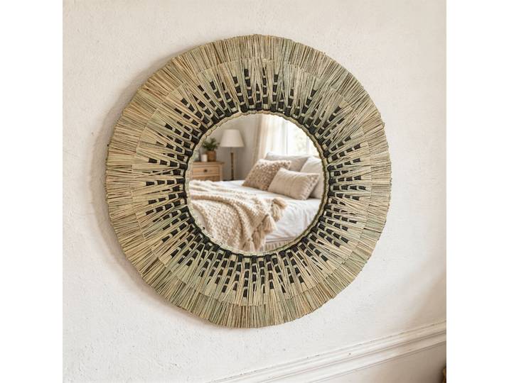 Miroir rond en paille de mendong naturel et noir 60 cm Sorong