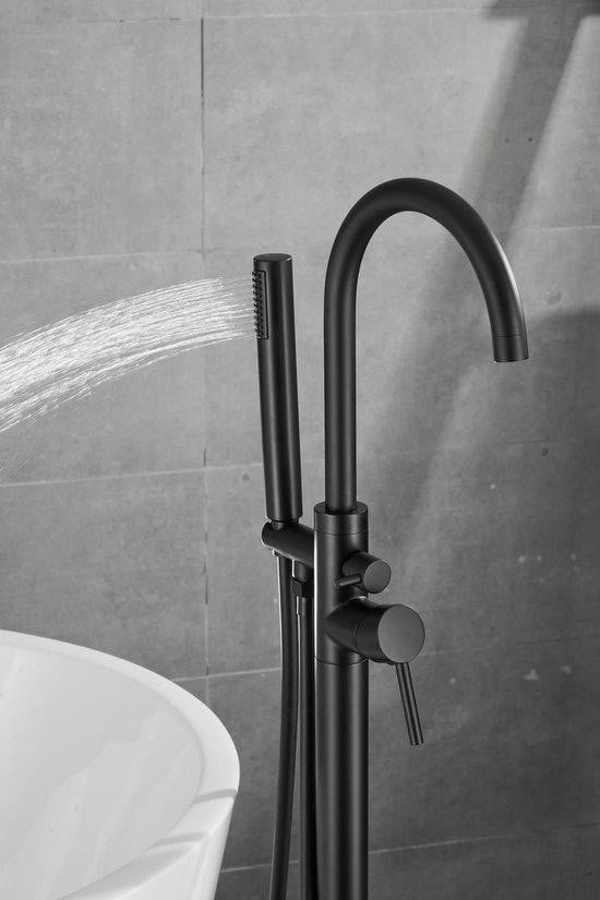 Unyqoos Vrijstaande badkraan met één hendel, mat zwart, ergonomisch zwanenhalsontwerp