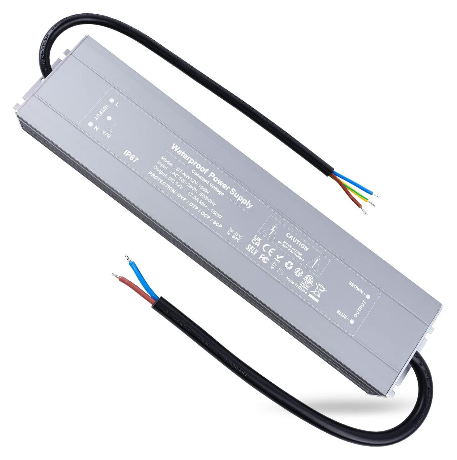 LED-transformator 12V Waterdicht IP67, 150W 12.5A voor Ledstrips en Ledlampen