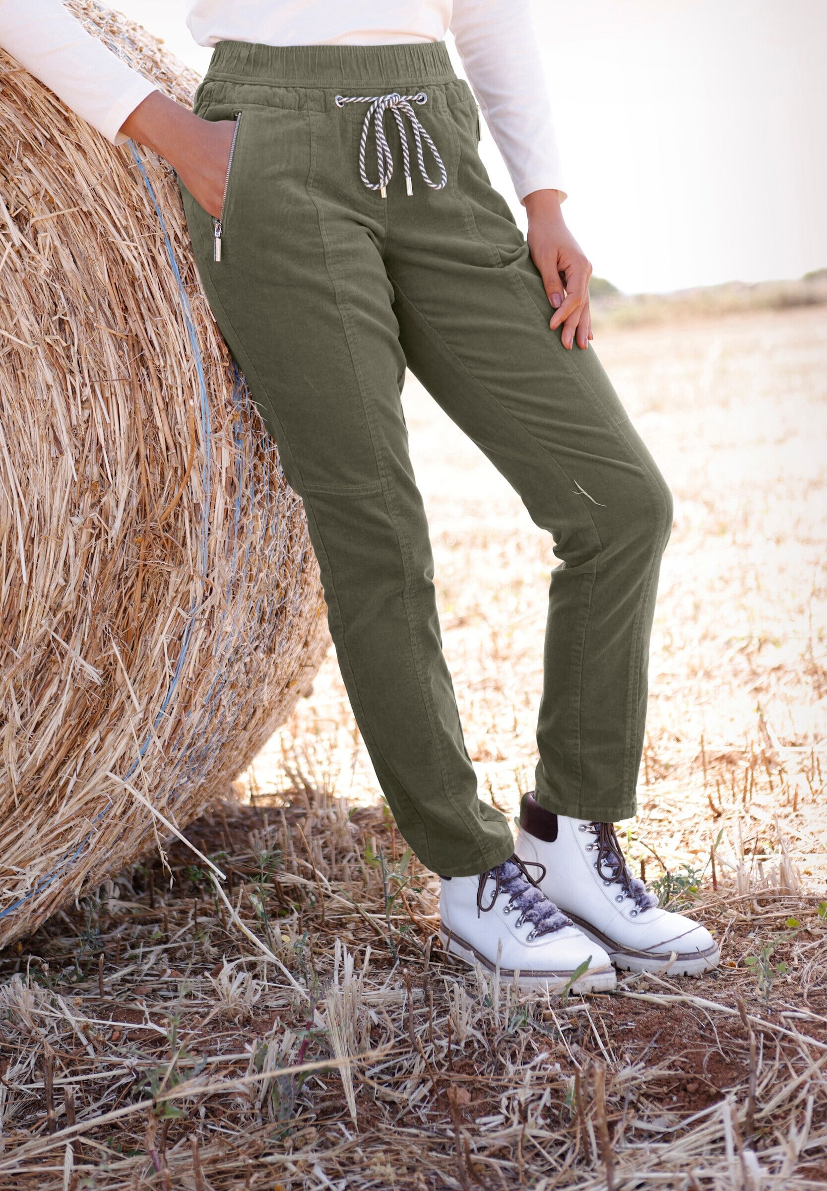 Schlupfhose WITT "Cord-Hose Cordhose zum Reinschlüpfen", Damen, Gr. 23, K-Gr, grün (khaki), Cord, , Sportlich, schmal, Hosen Schlupfhose