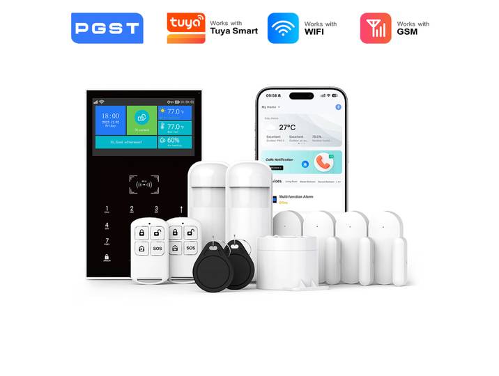 PGST pack alarme sécurité anti intrusion WiFi 2G GSM Works with Tuya Smart Life dispositif sans fil intelligent pour habitation magasin bureau capteurs de mouvement configuration simple utilisation