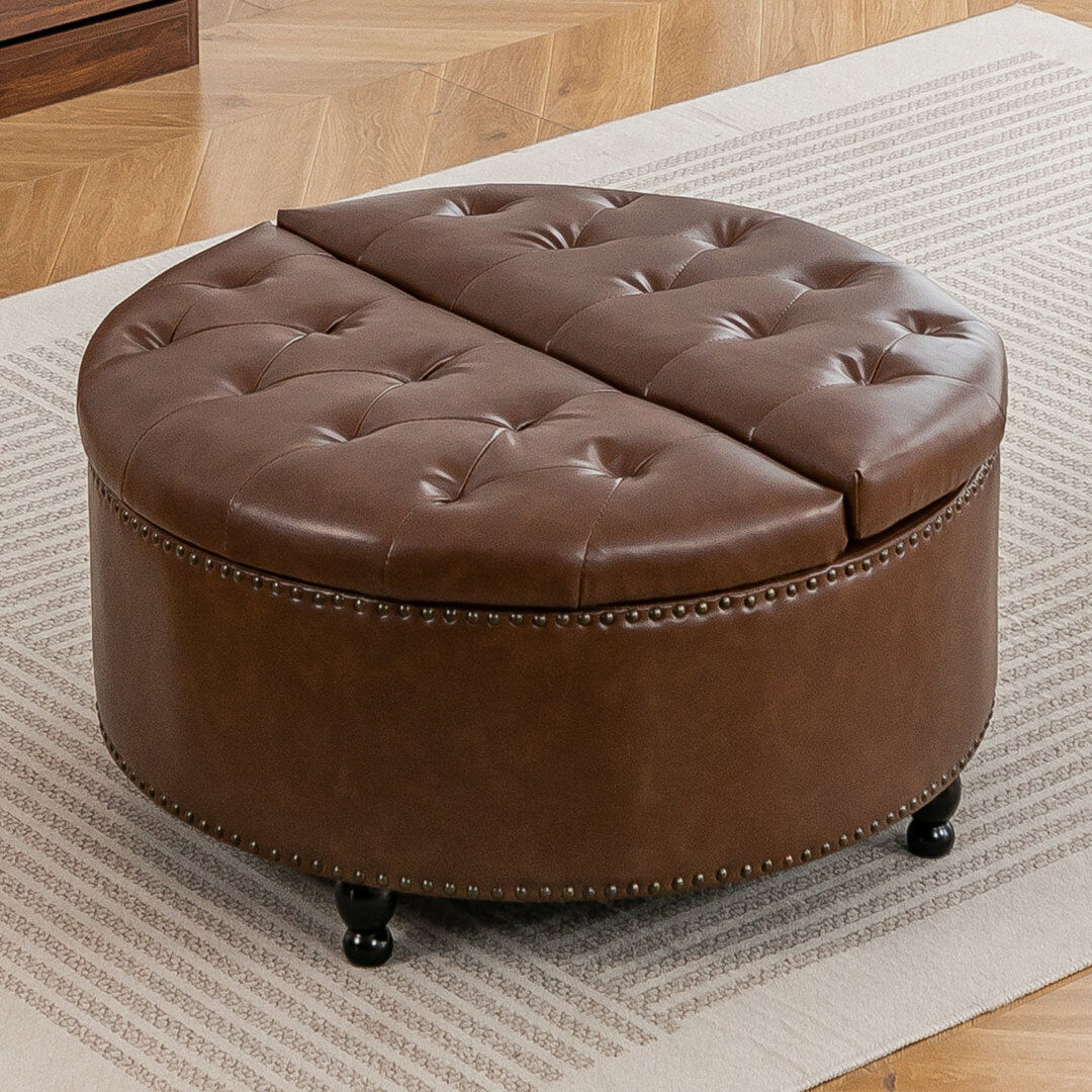 ClassicLiving 80cm Wide Tufted Round Standard Ottoman with Storage Brown 42cm H X 80cm W X 80cm D
