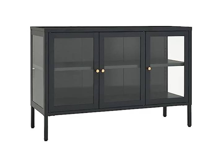 Fisinber Sideboard Anthrazit 105x35x70 cm Beistellschrank Stahl Glas Vielseitiger Kommodenschrank für Wohnzimmer und Schlafzimmer mit verstellbarem Regalboden sowie einstellbaren Füßen.