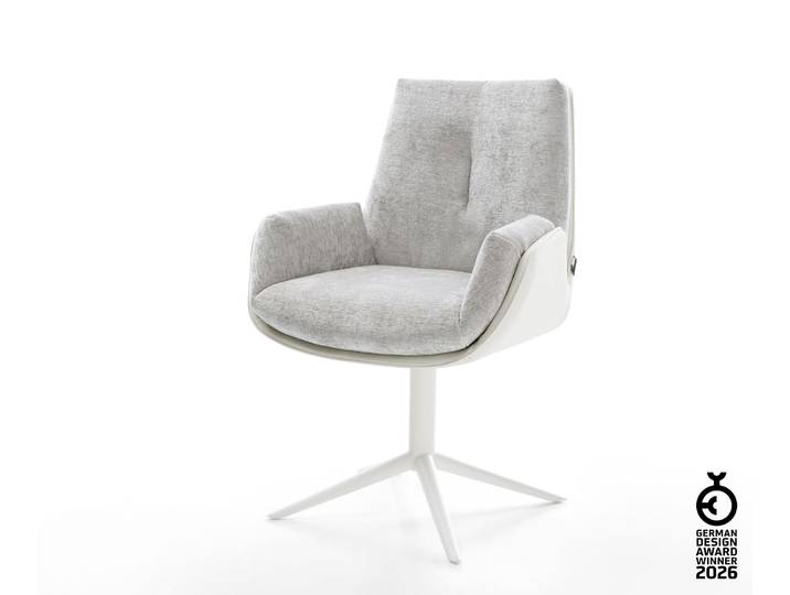 Drehstuhl Clea-Flex Materialmix Echtleder Weiß-Silbergrau Fußkreuz Weiß 360° drehbar Wippfunktion, Esszimmerstühle