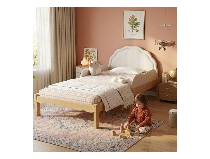 Odikalo Polsterbett Kinderbett Einzelbett Holzbett 90×200 mit Kopfteil (PU-Kopfteil seitliche Geländer stabiler Lattenrost Holzrahmen kindgerechtes Design Beige)