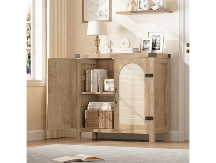 Rattan Sideboard Buffetschrank 80 cm, 2 Türen, Verstellbarer Einlegeboden Verstärkte MDF-Konstruktion, Anti-Kipp-Set inklusive, matte Metallgriffe, Stauraum für Flur, Küche und Esszimmer
