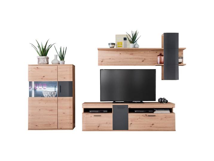 Livetastic Wohnwand Kigali, Anthrazit, Klar, Eiche, Glas, 2 Schublade(n) Schubladen, 310x198x50 cm, Made in EU, Wohnzimmer, Wohnwände, Anbauwände