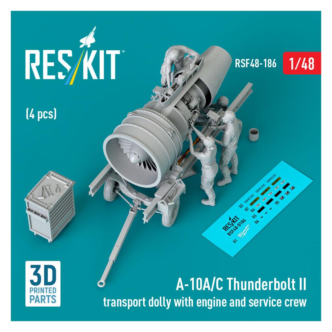 ResKit A-10A/C Thunderbolt II transport dolly with engine and service crew (4 pcs) (3D Printed) (RSF48-0186)