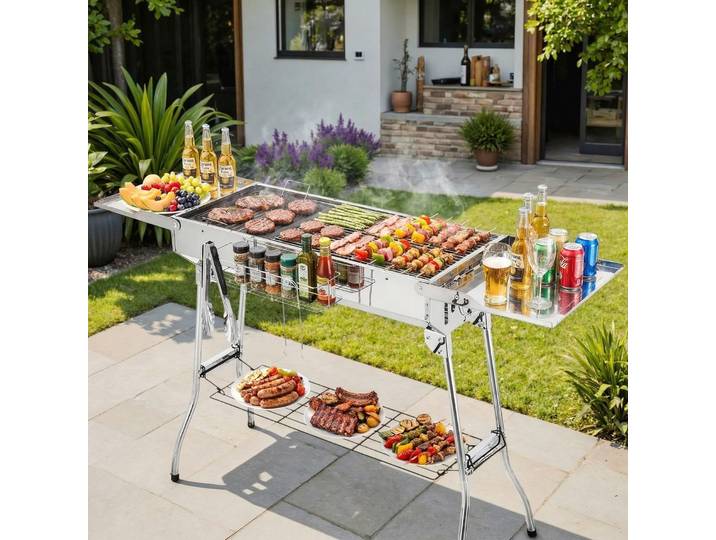 Barbecue au charbon XXL (122 x 30 x 75 cm), barbecue pliable, barbecue de camping, acier inoxydable, portable, avec plaque antiadhésive, ouvertures de ventilation réglables, pour jardin, cour,