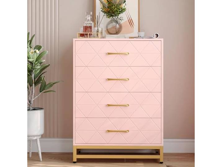 IDEALHOUSE Moderne Kommode mit 4 Schubladen – Holz-Schubladenschrank mit Breiten Schubladen, Metallgriffen & Metallbeinen, Anti-Kipp-Schutz, für Wohnzimmer/Schlafzimmer/Ankleide – Farbe: Rosa