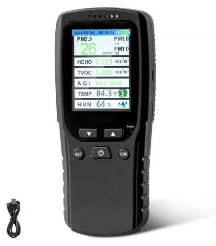 Famanu 8-in-1 Luchtkwaliteitsmonitor - Professionele deeltjesmeter voor PM2.5, PM10, PM1.0, formaldehyde, temperatuur, luchtvochtigheid en TVOC met alarmfunctie