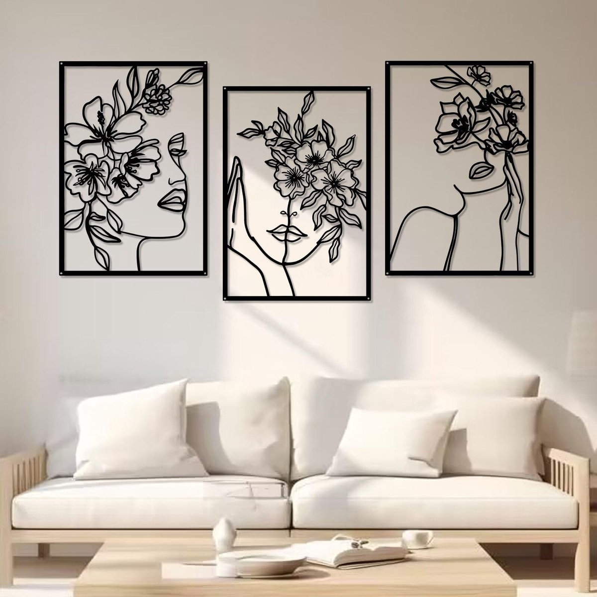 Set van 3 zwarte metalen wanddecoraties met abstract grafisch ontwerp
