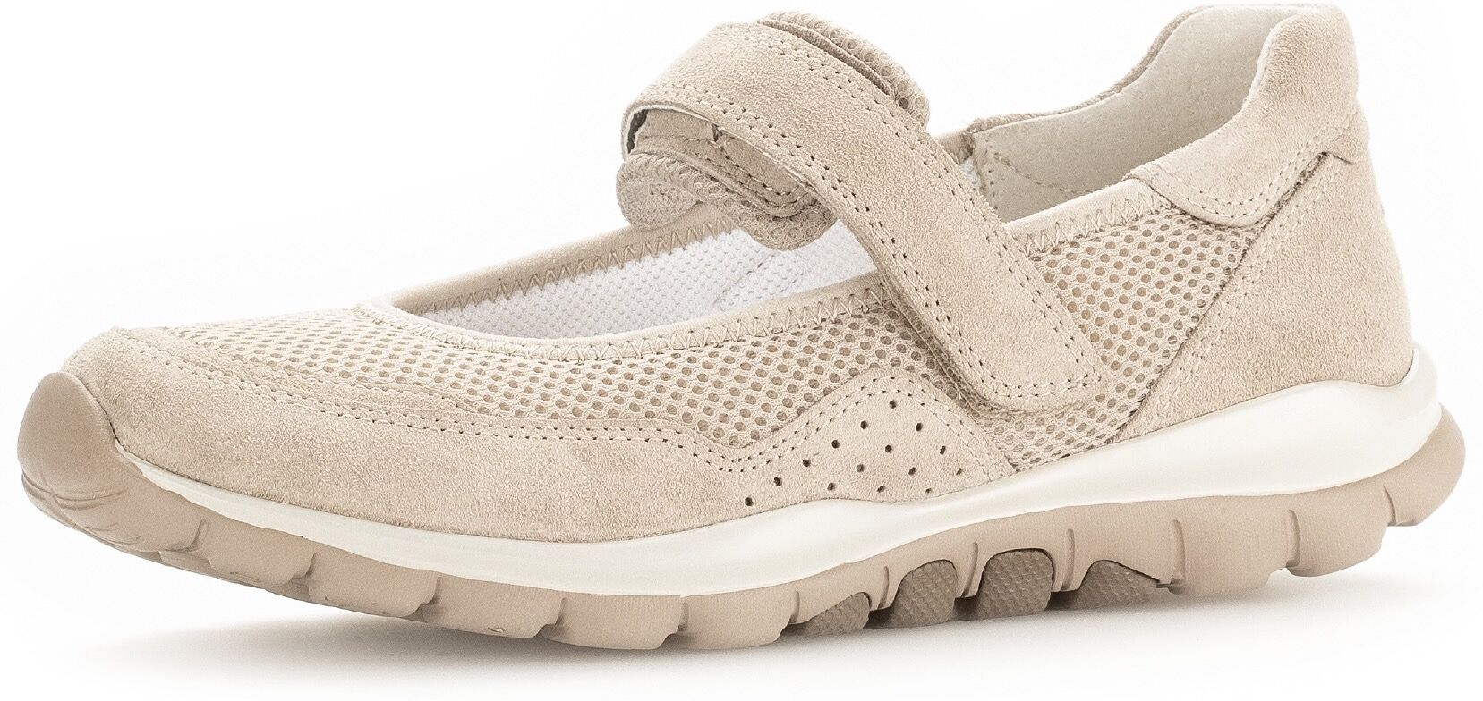 Riemchenballerina GABOR, Damen, Gr. 39, ungefüttert, beige, Textil, Veloursleder, Schuhe Riemchenballerina, Klettschuh, Freizeitschuh, Komfortschuh mit Lochmuster beige 39, ungefüttert