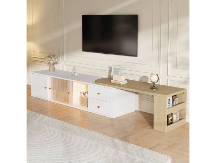 WOVREO Meuble TV extensible LED 175 x 40 x 35 5 cm 2 tiroirs verre coulissant blanc et bois naturel