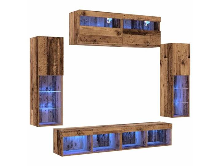 GKHPYURE TV-Möbel-Set, 6-teilig, Holz, altes Holz, mehrschichtig Mit LED, 18 Regale, 4 Türen, Wandschränke, einfache Montage